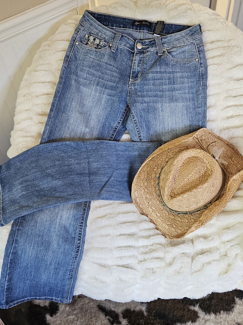 Love Nation Medium Blue Bootcut Jeans With Gorgeous Lace Look Embroidery